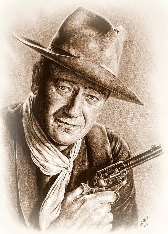 John Wayne Art Print featuring the drawing John Wayne sepia frosted by Andrew Read