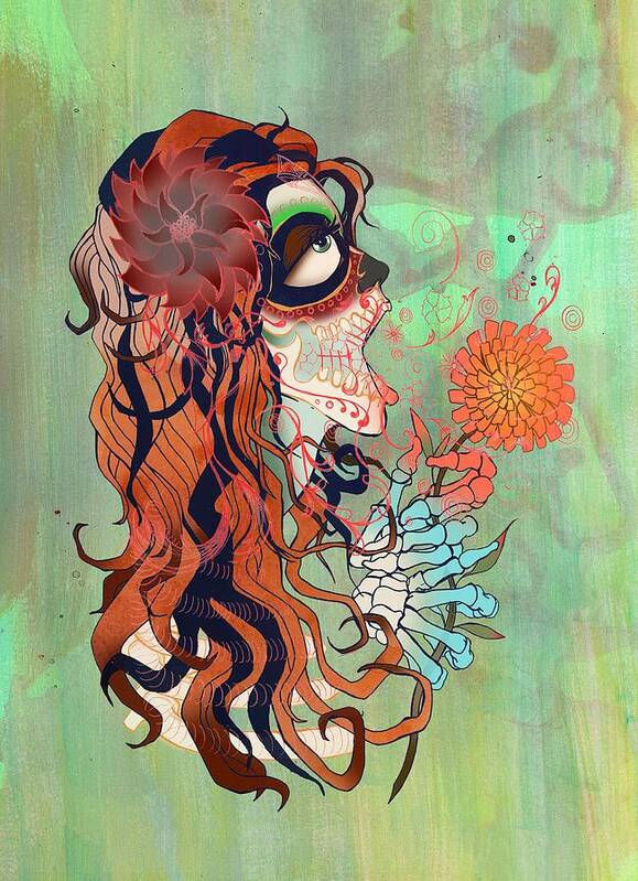 La Muerte Sugar Skull Girl Beauty Splatter Art Print featuring the digital art La Muerte by Kate Collins