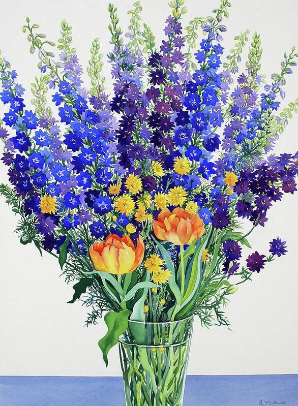 Larkspur And Delphiniums Art Print featuring the painting Larkspur and Delphiniums by Christopher Ryland