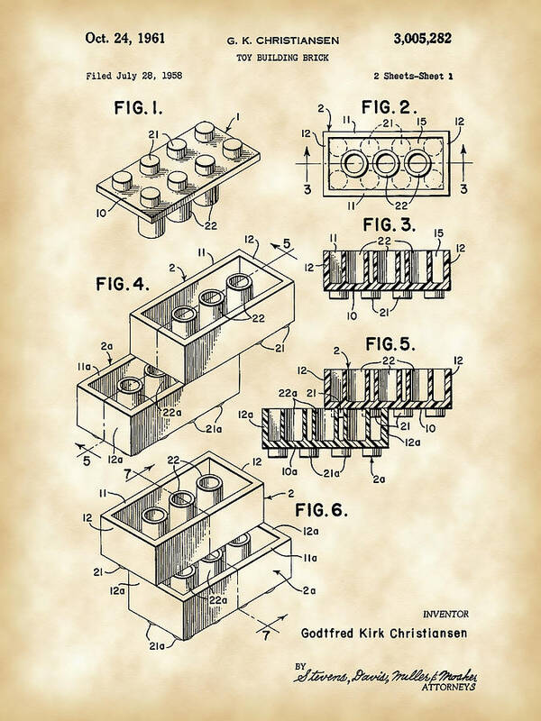 Lego Art Print featuring the digital art Lego Patent 1958 - Vintage by Stephen Younts