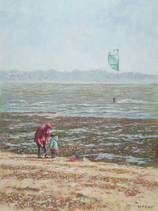 Kite Art Print featuring the painting Lepe Beach Windy Winter Day by Martin Davey