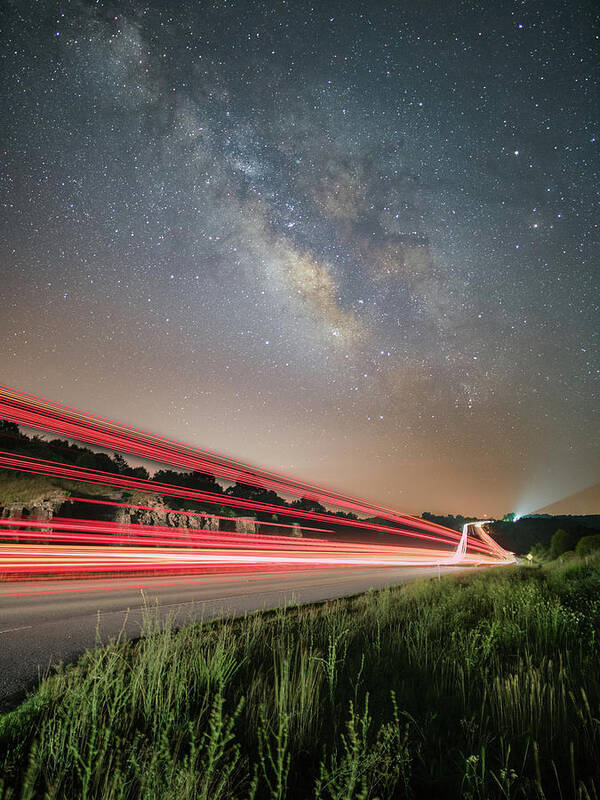 Milky Way Art Print featuring the photograph Light Trails and Milky Way Over Cricket Creek Bridge by Hal Mitzenmacher