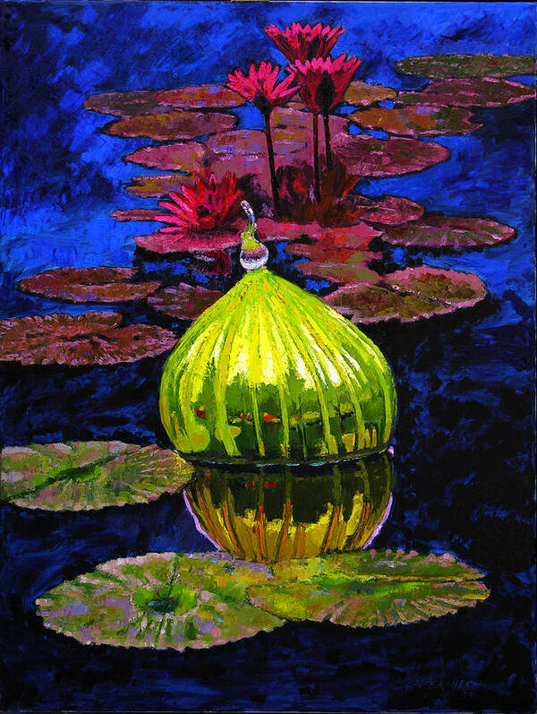 Blown Glass Art Print featuring the painting Lilies and Glass Reflections by John Lautermilch