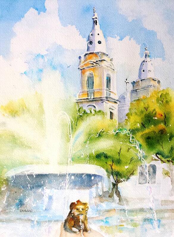 Plaza Las Delicias Art Print featuring the painting Lions Fountain Plaza Las Delicias Ponce Cathedral Puerto Rico by Carlin Blahnik CarlinArtWatercolor