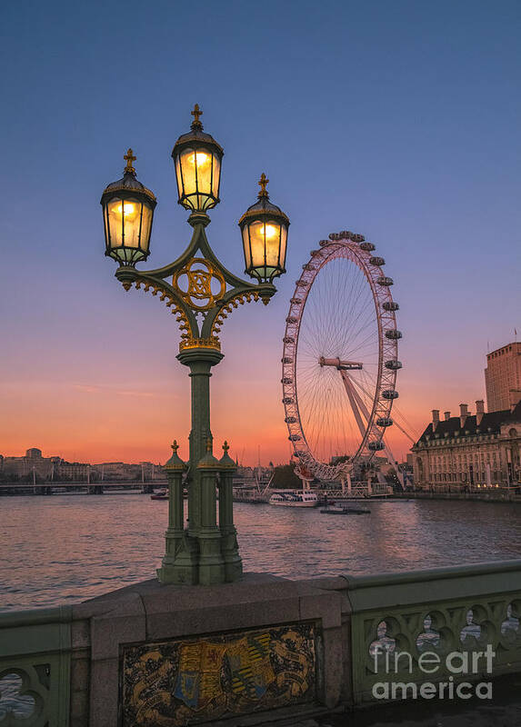 London Art Print featuring the photograph London Eye At Dusk, Viewed From Westminster Bridge, London, UK by Philip Preston
