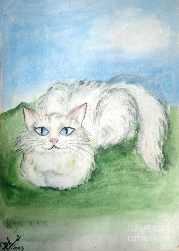 Cat Art Print featuring the painting Lovely kitty. White cat Kusyaka by Sofia Goldberg