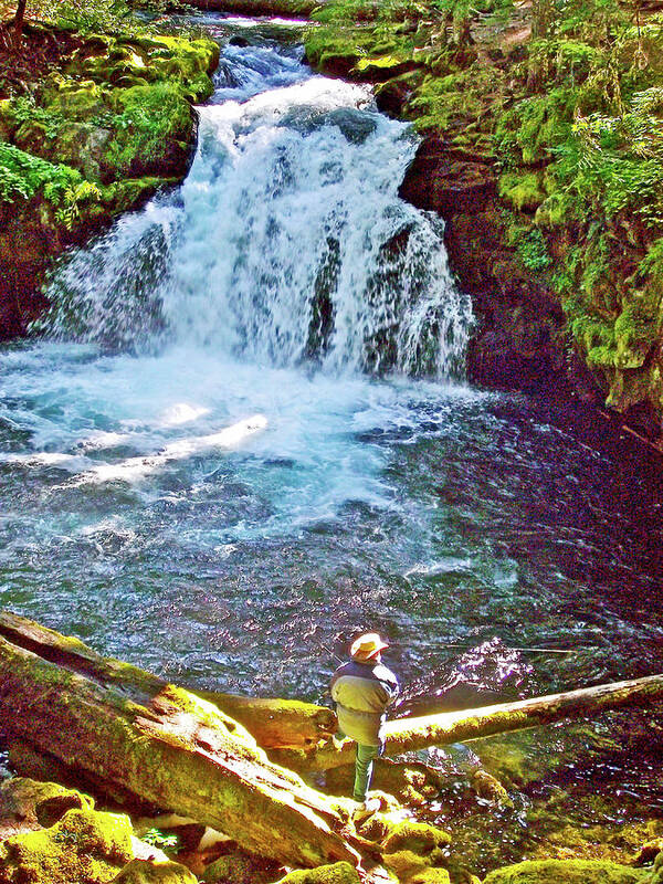 Man Fishing By Whitehorse Falls In Umpqua National Forest Art Print featuring the photograph Man Fishing by Whitehorse Falls in Umpqua National Forest, Oregon by Ruth Hager