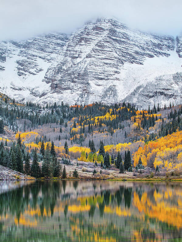 Maroon Bells Art Print featuring the photograph Maroon Bells Cloudy Fall by Darren White