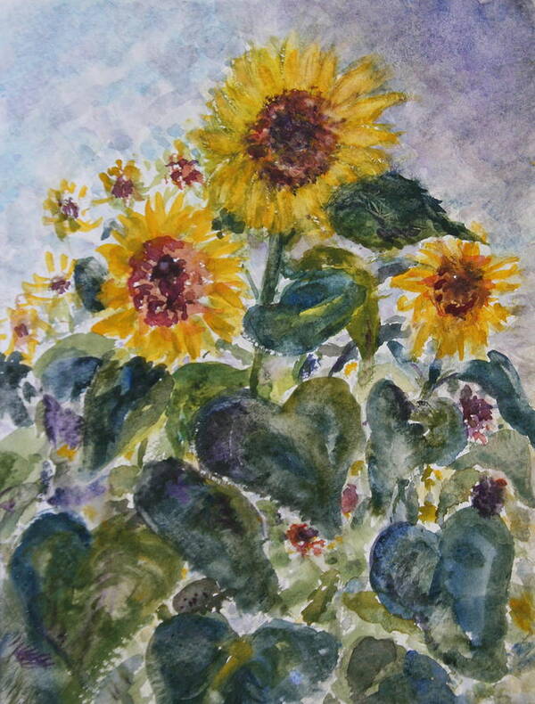 Blue Art Print featuring the painting Martha's Sunflowers by Quin Sweetman