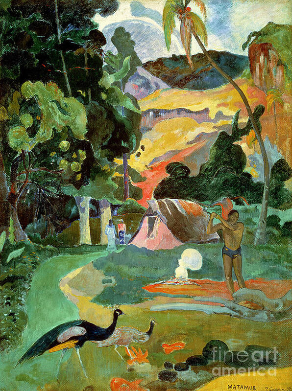 Matamoe Art Print featuring the painting Matamoe or Landscape with Peacocks by Paul Gauguin