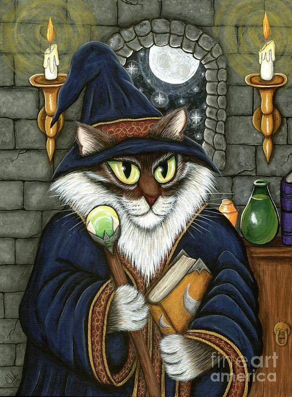 Merlin Art Print featuring the painting Merlin The Magician Cat - Wizard Cat by Carrie Hawks