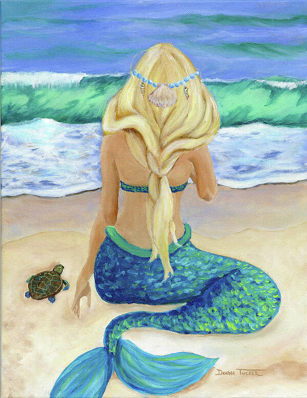 Mermaid Art Print featuring the painting Mermaid and Turtle by Donna Tucker