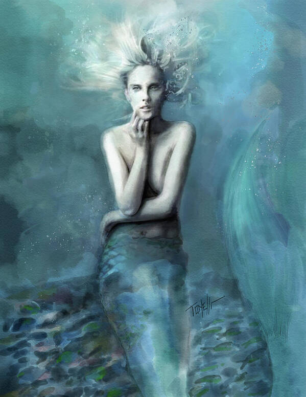 Mermaid Sea Art Print featuring the mixed media Mermaid at the edge of the sea by Mark Tonelli