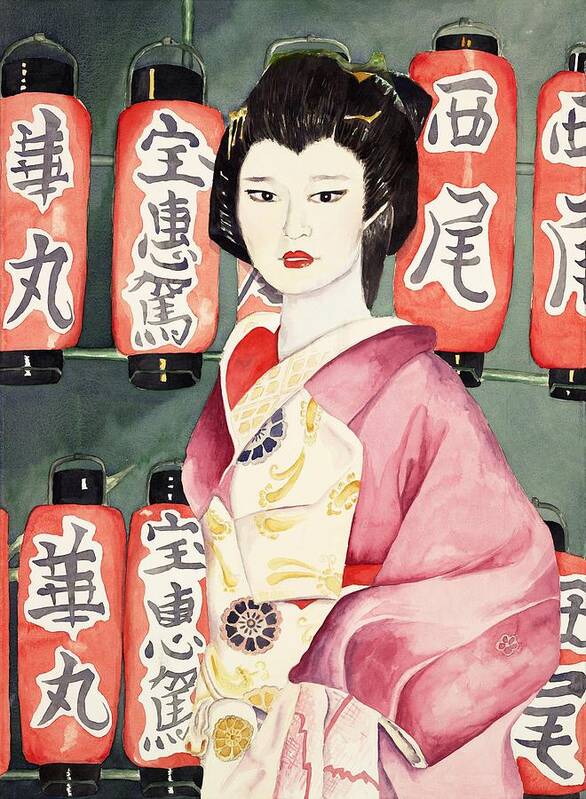 Geisha In Kimono With Red Lanterns Art Print featuring the painting Miss Hanamaru at Osaka Festival by Judy Swerlick