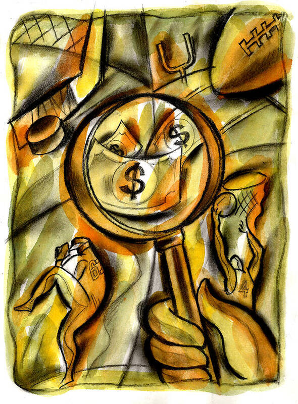 Baseball Basketball Budget Business Finance Capital Career Cash Color Color Image Commerce Commercialism Compensation Concept Dollar Sign Drawing Earn Earning Economizing Examine Examining Finance Financing Football Forecasting Funding Funds Greed Hand Hockey Hold Holding Illustration Illustration And Painting Income Inspect Inspecting Lucrative Magnifying Magnifying Glass Male Man Market Marketing Money Observation One One Person Only Men Organization Owner Pay People Pitch Professional Profit Art Print featuring the painting Money And Professional Sports  by Leon Zernitsky