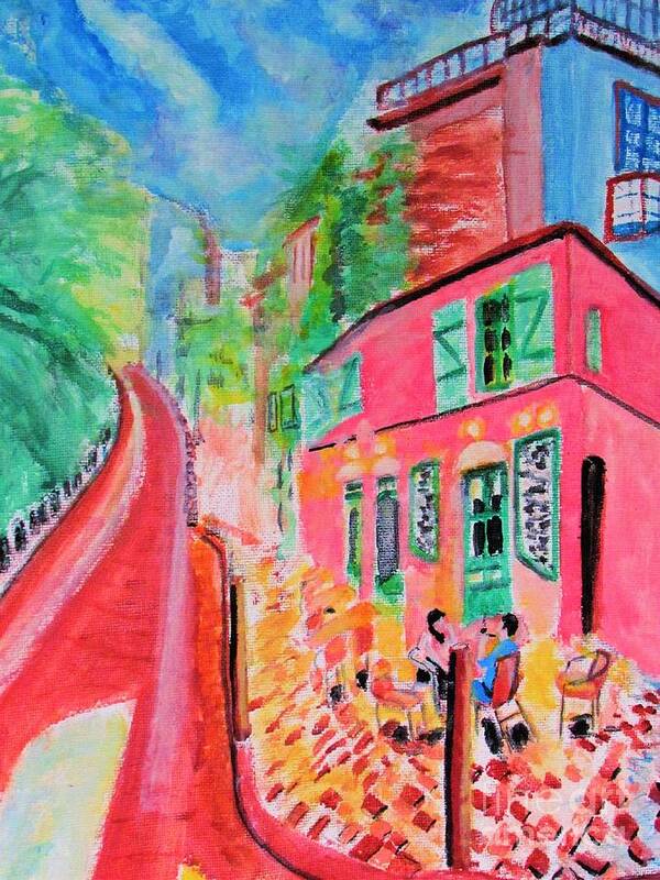 Montmartre Cafe Paris Art Print featuring the painting Montmartre Cafe in Paris by Stanley Morganstein