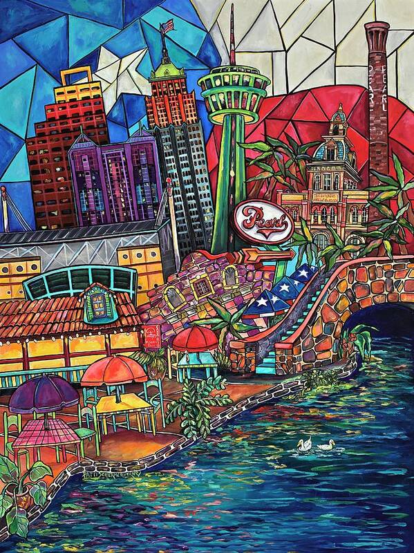 San Antonio Riverwalk Art Print featuring the painting Mosaic River by Patti Schermerhorn