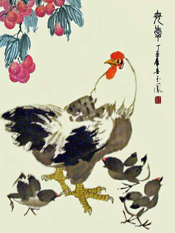 Hen Art Print featuring the painting Motherly Love by Yufeng Wang