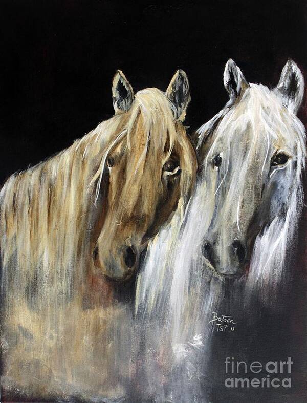 Two Horses Art Print featuring the painting Mozart and the White Wind Horse by Barbie Batson