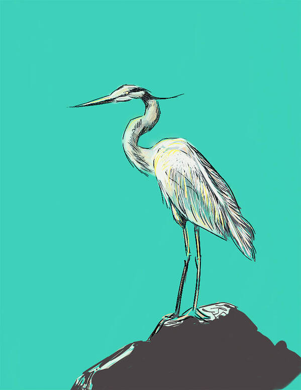 Heron Art Print featuring the digital art Mr. Grey on Aquamarine by Thomas Hamm