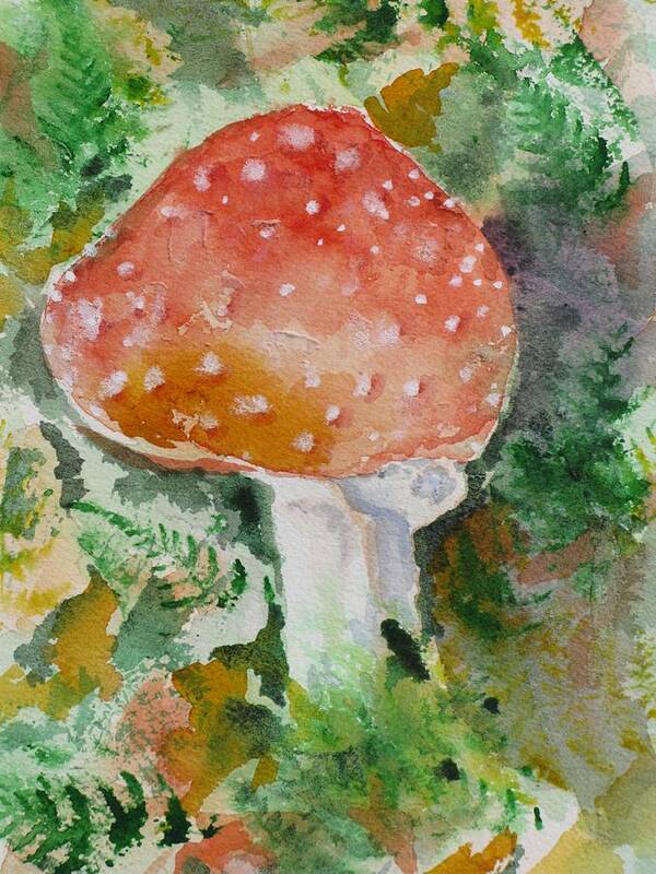 Floral Landscape Art Print featuring the painting Mushroom in the field by Kathy Mitchell