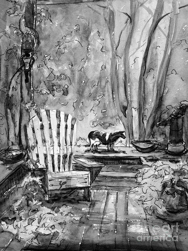 Black And White Art Print featuring the painting My Front Deck in BW by Gretchen Allen