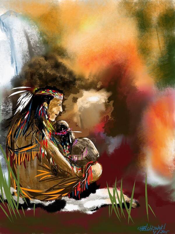 Native Care Indian Old Baby Fire Camp Waterfall Tree Woman Abstract Grass Sitting Hold Colors Feathers Art Print featuring the painting Native care by Miroslaw Chelchowski