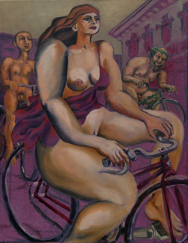 Nudes Art Print featuring the painting Nude cyclists with Carracchi Bacchus by Peregrine Roskilly
