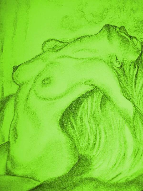 Prints Art Print featuring the drawing Nude-leaning back-001-2880-3840-in Green by Pat Bullen-Whatling