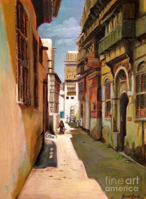 Saudi Arabia Art Print featuring the painting Old Jeddah street by Yvonne Ayoub
