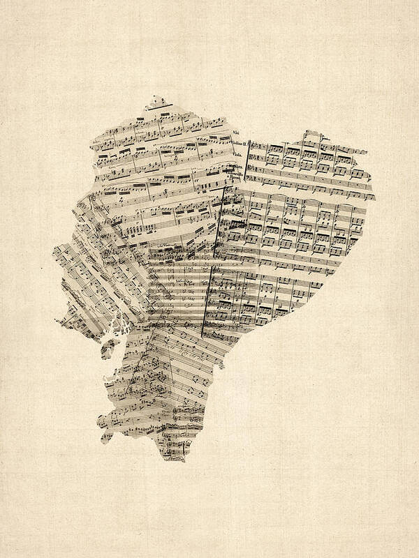 Ecuador Map Art Print featuring the digital art Old Sheet Music Map of Ecuador Map by Michael Tompsett