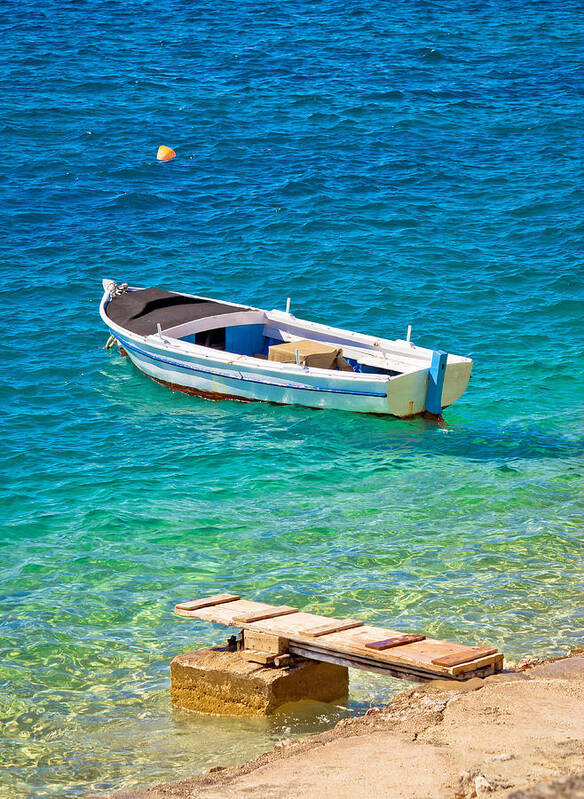 Boat Art Print featuring the photograph Old wooden fishermen boat on turquoise beach by Brch Photography