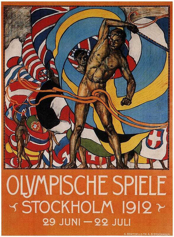 Olympische Spiele Art Print featuring the mixed media Olympische Spiele 1912 - Stockholm, Sweden - Retro travel Poster - Vintage Poster by Studio Grafiikka