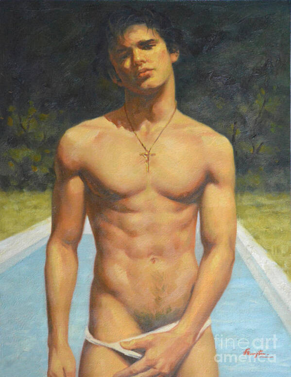 Original Oil Painting Art Print featuring the painting Original man oil painting gay body art- male nude by the pool by Hongtao Huang