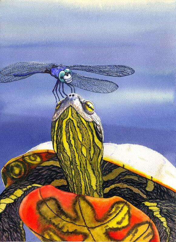 Turtle Art Print featuring the painting Painted Turtle and Dragonfly by Catherine G McElroy