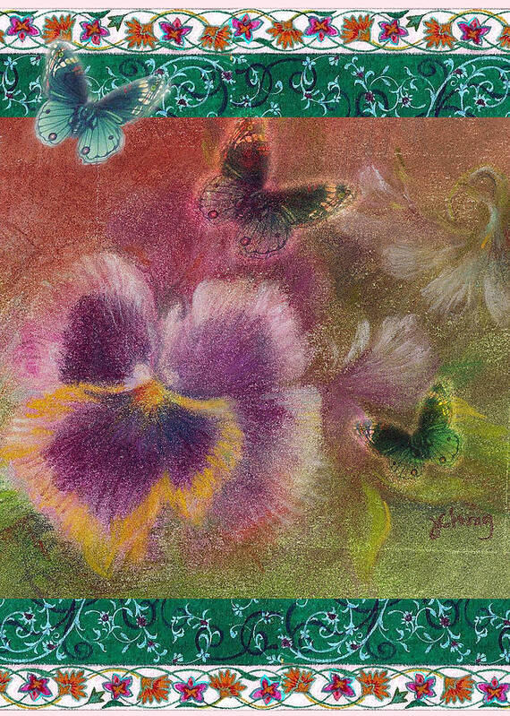 Illustrated Pansy Art Print featuring the painting Pansy Butterfly Asianesque border by Judith Cheng