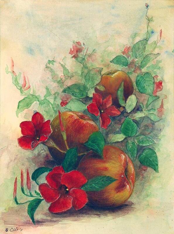 Peaches Art Print featuring the painting Peaches and Mandevilla by Sandy Clift