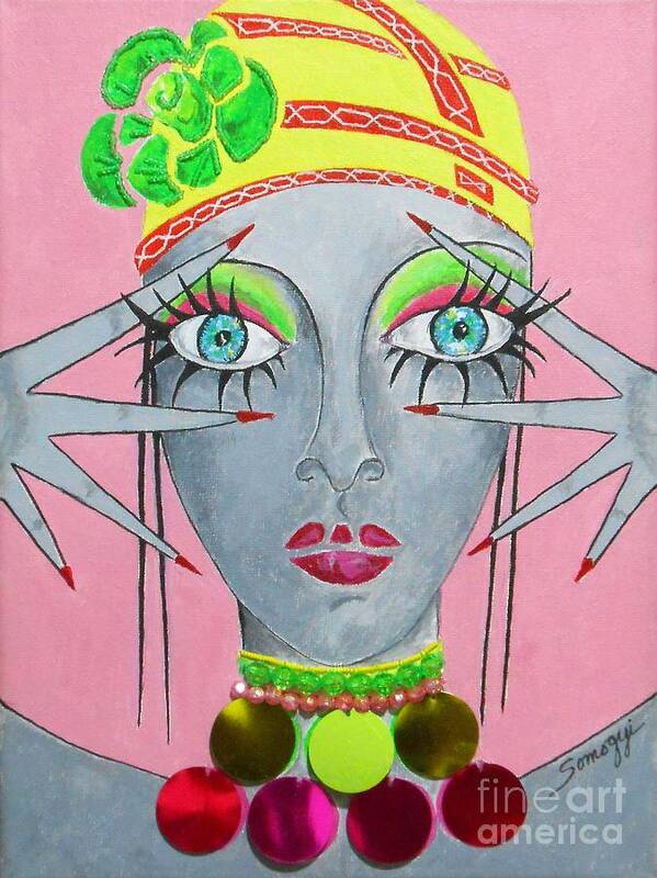Pink Art Print featuring the painting Peek-a-boo on Pink -- Whimsical Portrait of a Belly Dancer by Jayne Somogy