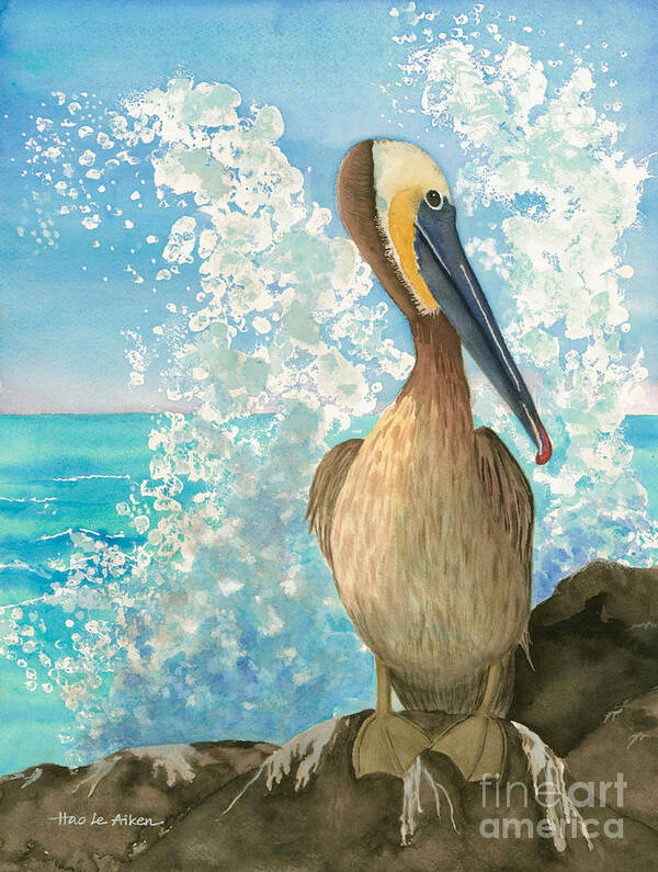 Hao Aiken Art Print featuring the painting Pelican On The Rocks - Watercolor by Hao Aiken