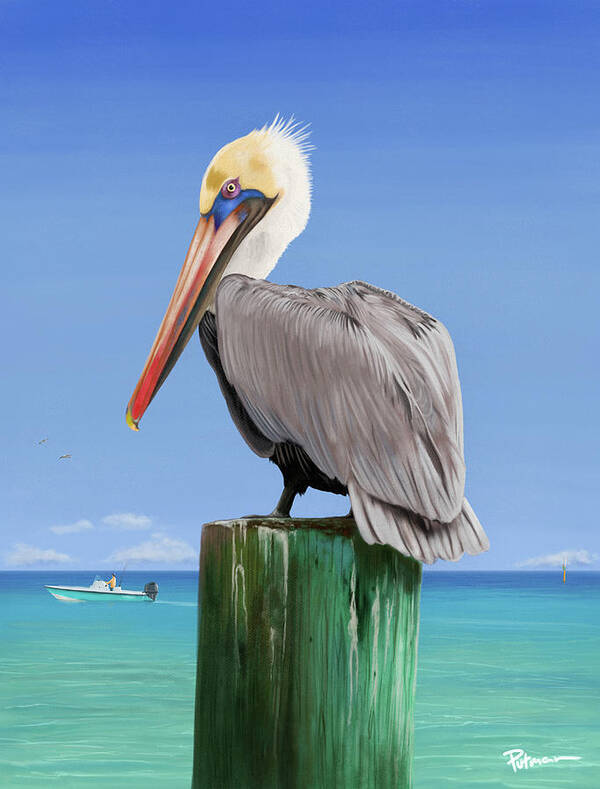 Pelican Art Print featuring the digital art Pelicans Post by Kevin Putman