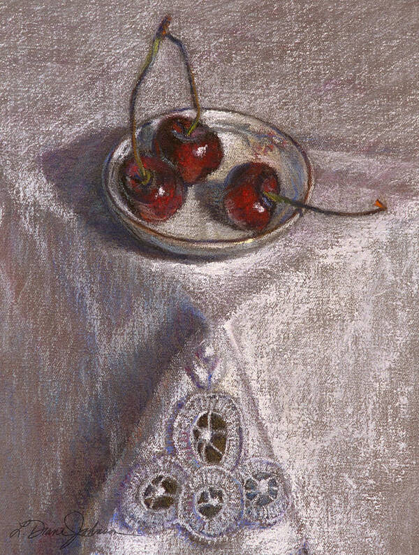 Fresh Cherries In A Bowl On Tablecloth Art Print featuring the painting Petite Bowl III by L Diane Johnson