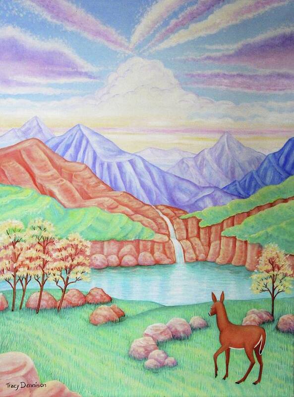 Deer Landscape Waterfall Mountains Art Print featuring the painting Phantom Valley by Tracy Dennison