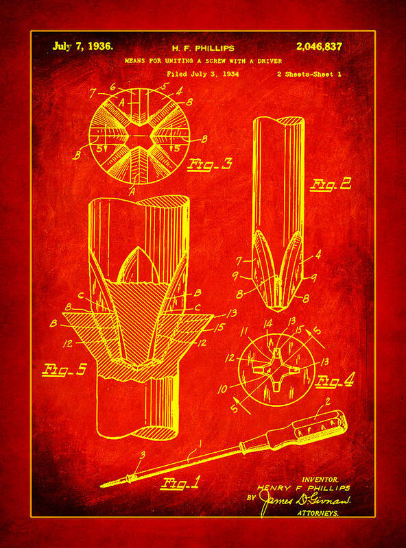 Patent Art Print featuring the mixed media Phillips Screwdriver Drawing 1g by Brian Reaves