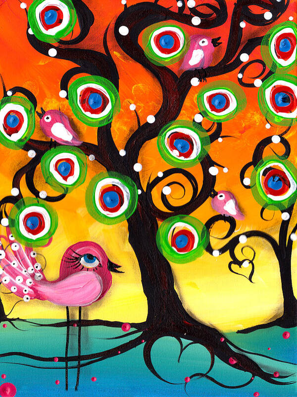 Abril Andrade Art Print featuring the painting Pink Birds on a Tree by Abril Andrade