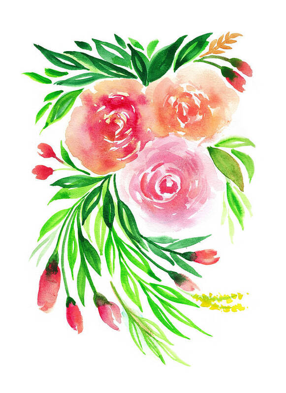 Watercolor Art Print featuring the painting Pink Peach Rose Flower in Watercolor by My Art