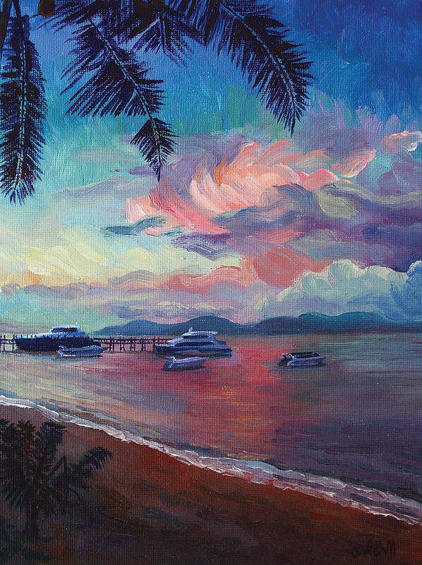 Thailand Art Print featuring the painting Pink Sunset at Samui Beach by Alina Malykhina