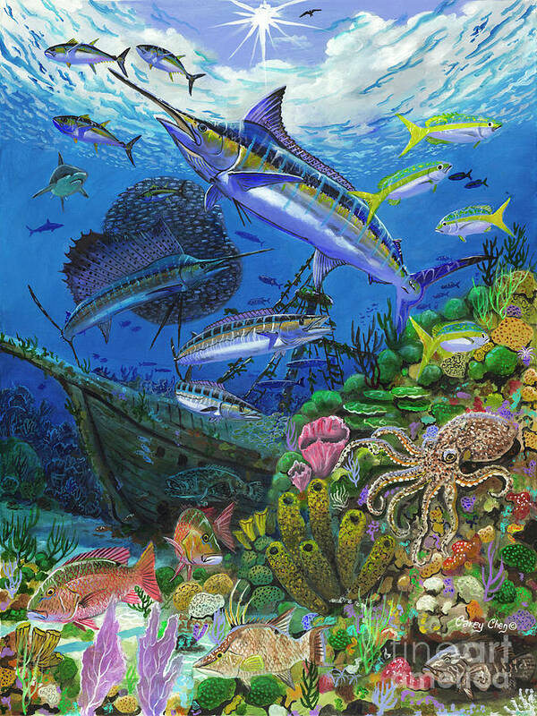 Marlin Art Print featuring the painting Pirates Reef by Carey Chen