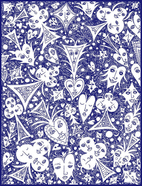 Lise Winne Art Print featuring the drawing Playing Card Symbols with Faces in Blue by Lise Winne