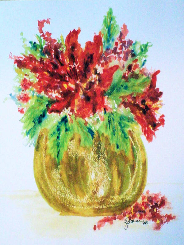 Poinsettia Art Print featuring the painting Poinsettia in Brass Vase by Elise Boam