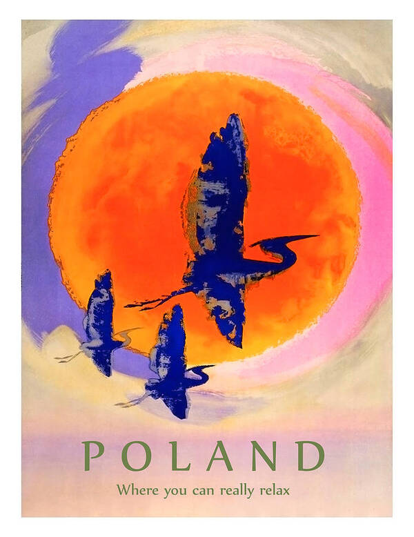 Poland Art Print featuring the painting Poland, flying storks on the sun, travel poster by Long Shot